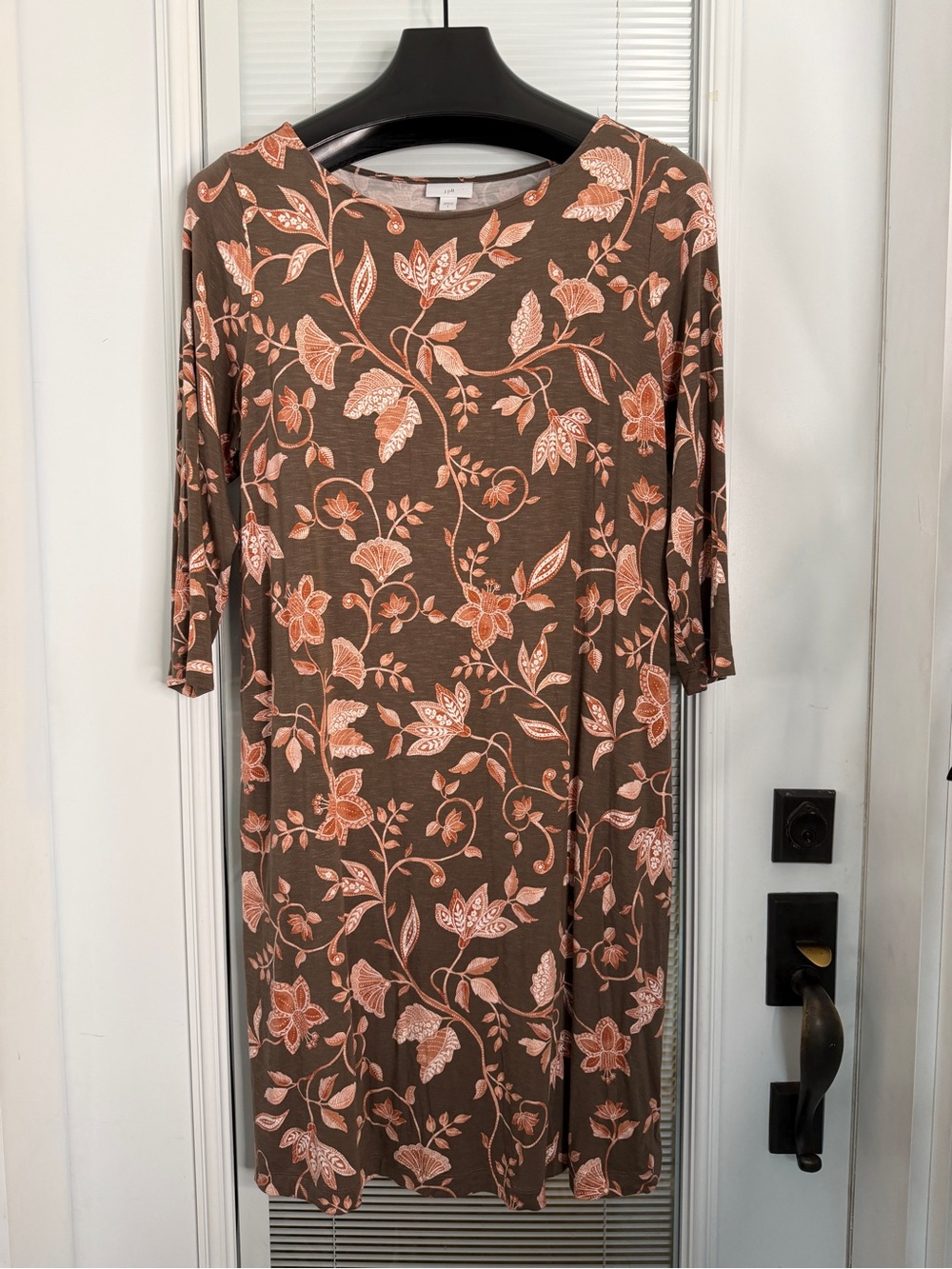 J Jill Women Small Shift Dress Brown Floral 3/4 Sleeve Pockets Stretchy Comfy